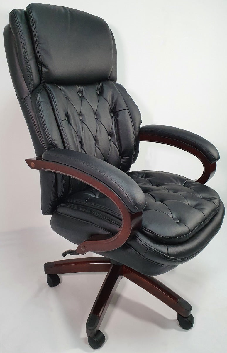 Chesterfield Design Black Leather Executive Office Chair with Mahogany Arms - 2027E
